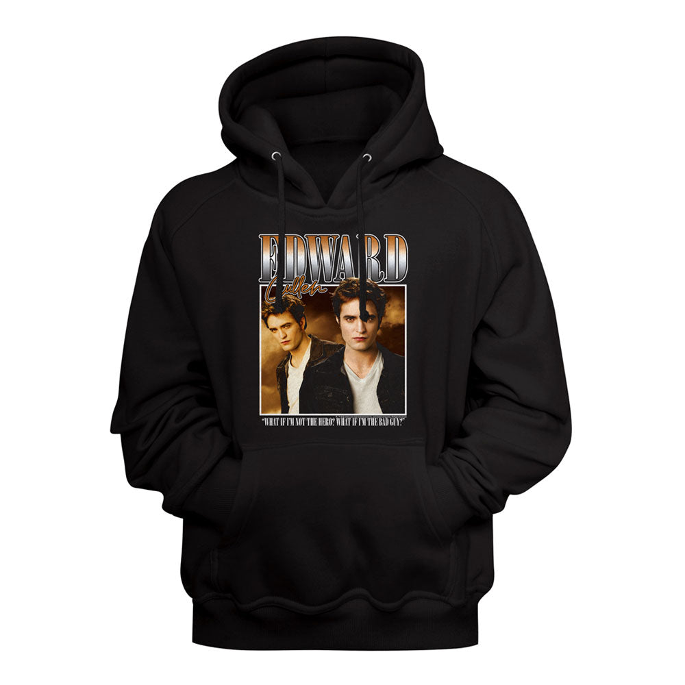 Black hoodie with a graphic of two people and text on a black background