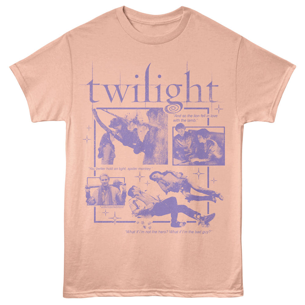 A light peach crewneck t-shirt featuring a purple graphic print of the movie Twilight, including character illustrations, quotes, and the title 'twilight' in stylized lettering.