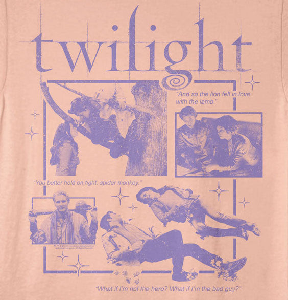 A light peach crewneck t-shirt featuring a purple graphic print of the movie Twilight, including character illustrations, quotes, and the title 'twilight' in stylized lettering.