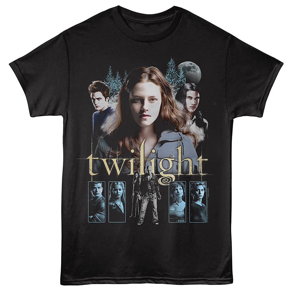 A black short-sleeve crewneck t-shirt featuring a large graphic print of the Twilight movie characters and the movie title in gold lettering.