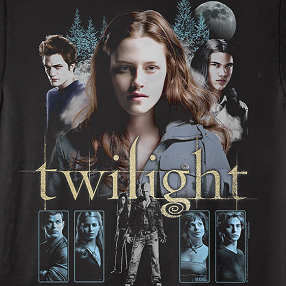 A black short-sleeve crewneck t-shirt featuring a large graphic print of the Twilight movie characters and the movie title in gold lettering.