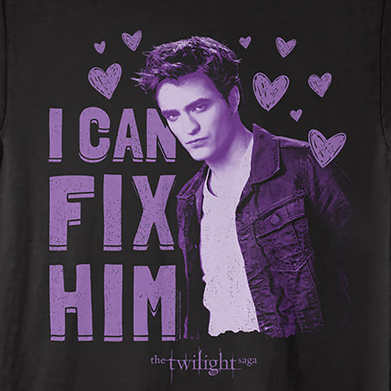 Black t-shirt with purple graphic and text 'I Can Fix Him' from 'The Twilight Saga'.