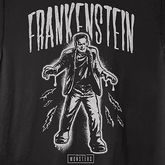 Black t-shirt with 'Frankenstein' graphic design on a black background