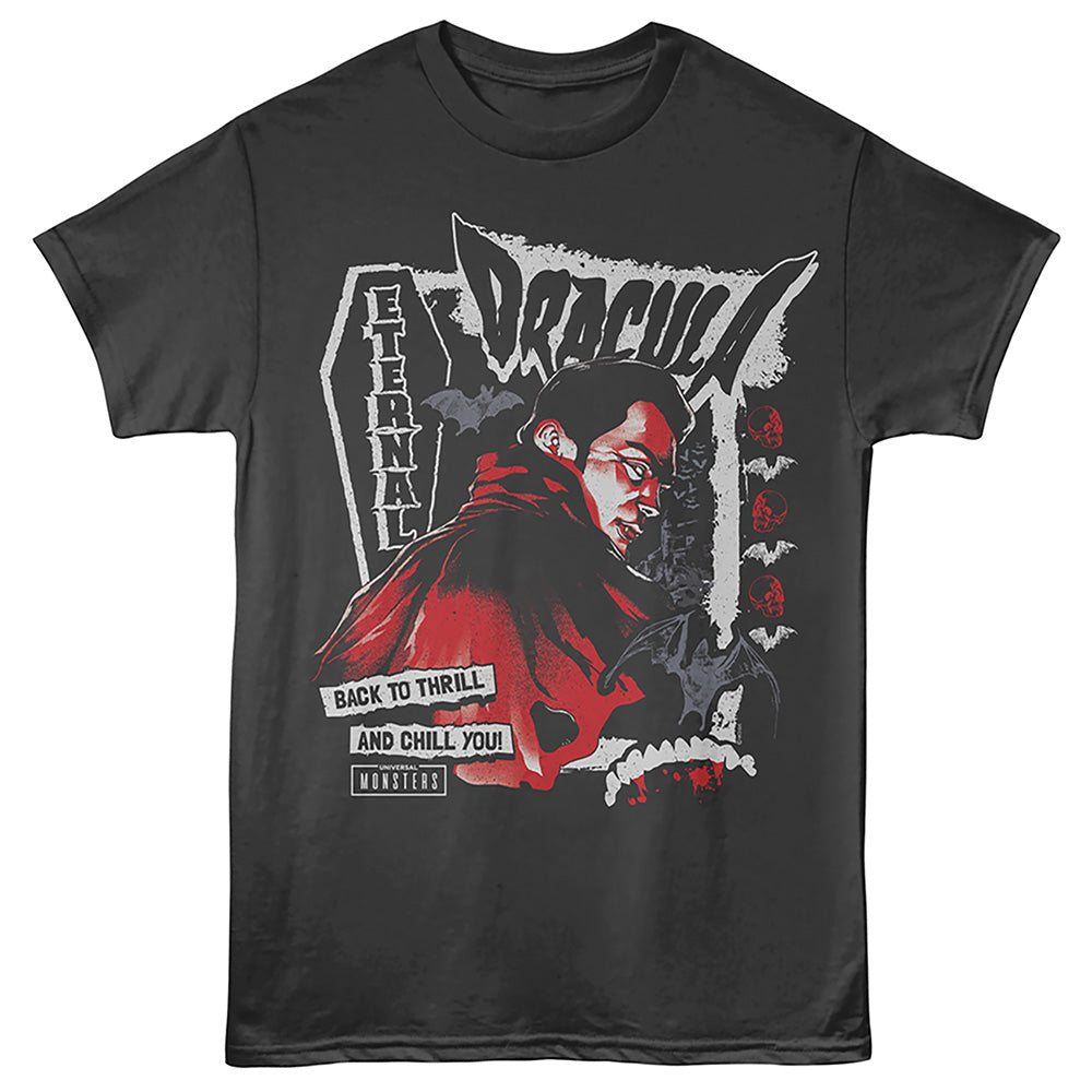 Black t-shirt with Dracula graphic design on a black background