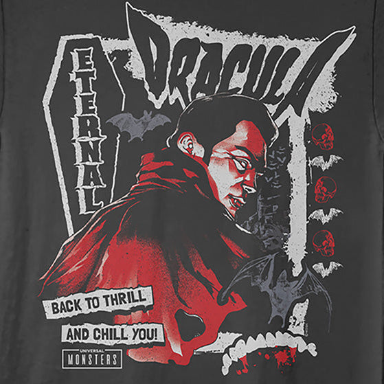 Black t-shirt with Dracula graphic design on a black background