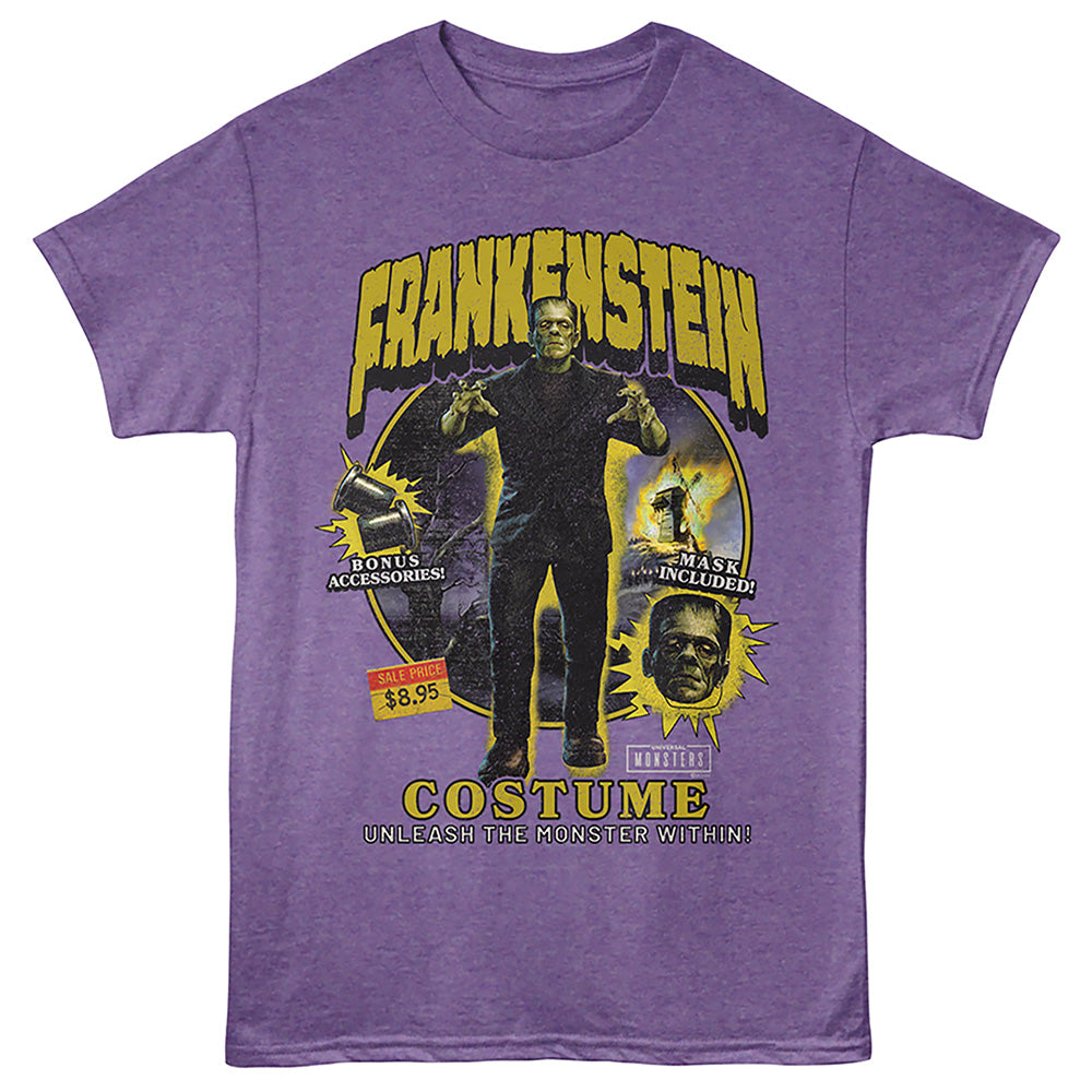 A heather purple short-sleeve graphic t-shirt featuring a Frankenstein costume design with yellow text and a central illustration of the character.