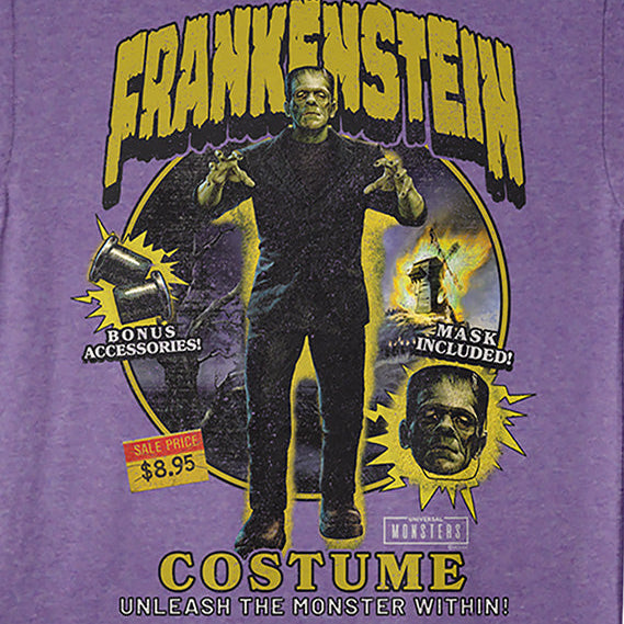 A heather purple short-sleeve graphic t-shirt featuring a Frankenstein costume design with yellow text and a central illustration of the character.
