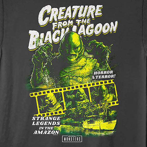 Black t-shirt with 'Creature from the Black Lagoon' graphic design on a white background