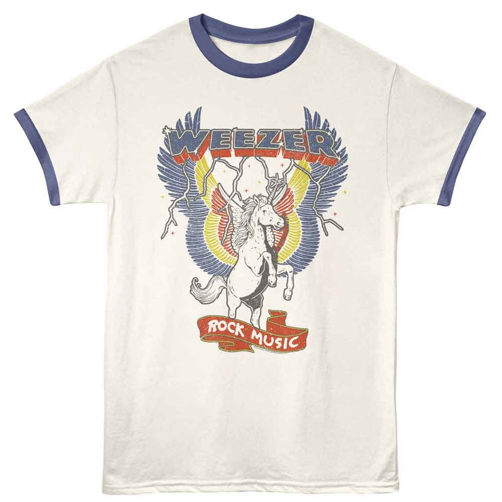 An off-white ringer t-shirt with a blue collar and sleeve trim, featuring a large graphic print of the band Weezer with the Pegasus logo and 'Rock Music' text on the front.