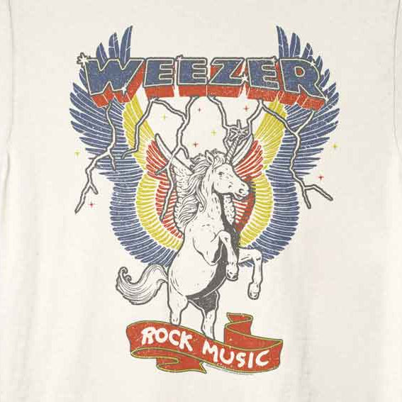 An off-white ringer t-shirt with a blue collar and sleeve trim, featuring a large graphic print of the band Weezer with the Pegasus logo and 'Rock Music' text on the front.