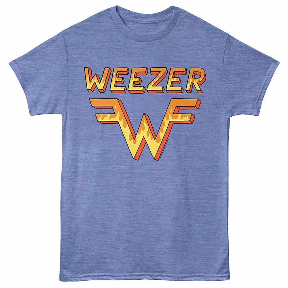 A heather blue crewneck t-shirt featuring a graphic print of the word 'WEEZER' in orange and yellow block letters above a stylized 'W' logo with flame details, shown on a plain blue background.