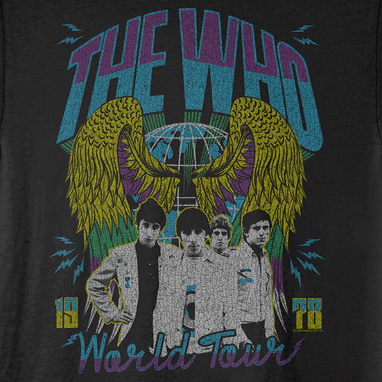 A black short-sleeve graphic t-shirt featuring a colorful distressed print of the band 'The Who' with their 1978 World Tour theme, including angel wings, a globe, and the band members.