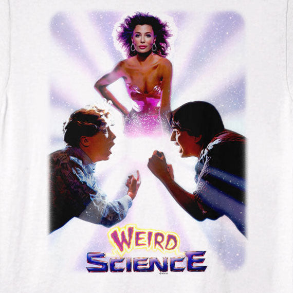 White t-shirt with 'Weird Science' movie graphic featuring two characters and a woman in the center.