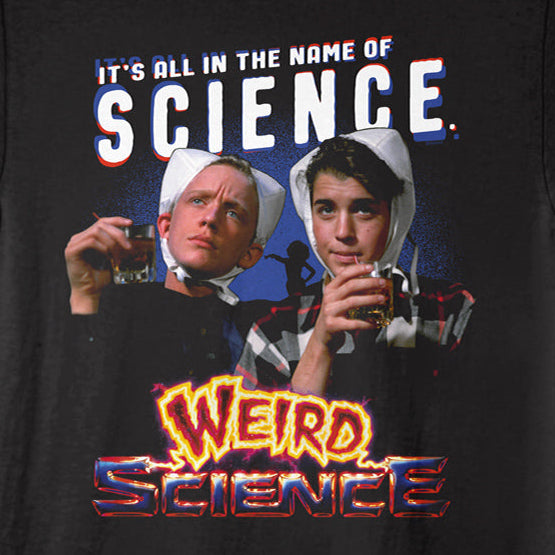 Black t-shirt with 'Weird Science' graphic featuring two characters and text.