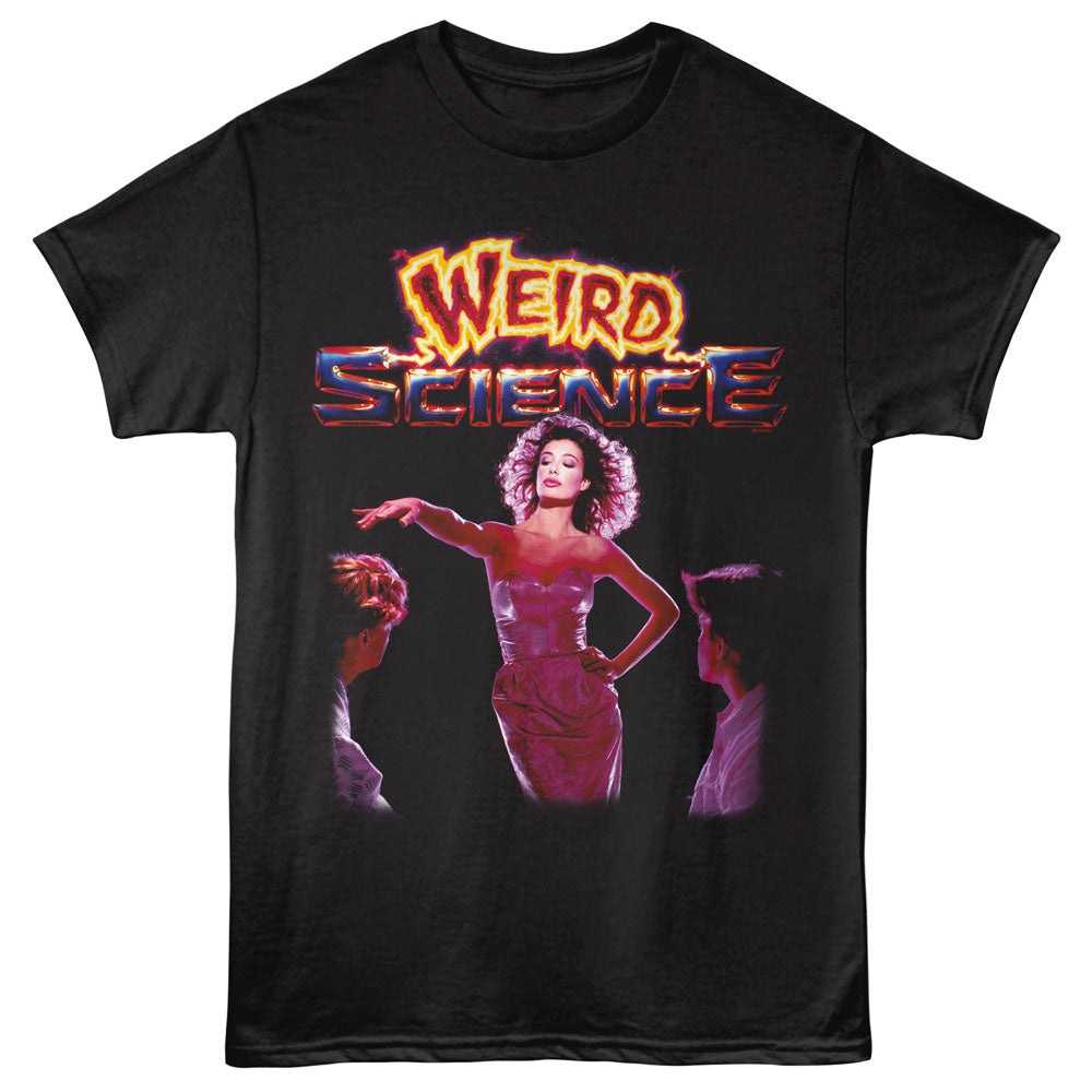 Black t-shirt with 'Weird Science' graphic design featuring a woman in a pink dress and two men.