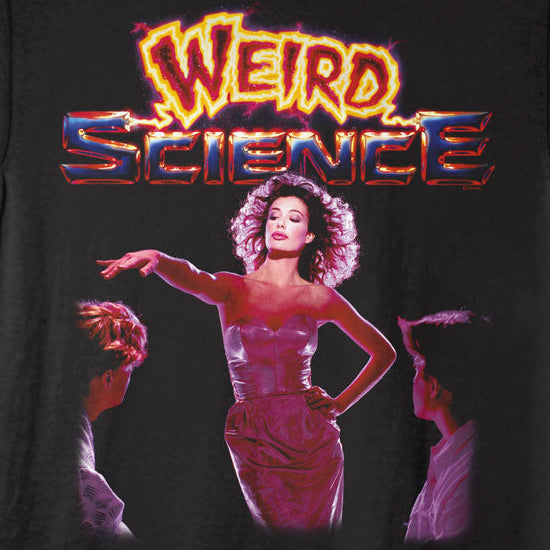 Black t-shirt with 'Weird Science' graphic design featuring a woman in a pink dress and two men.