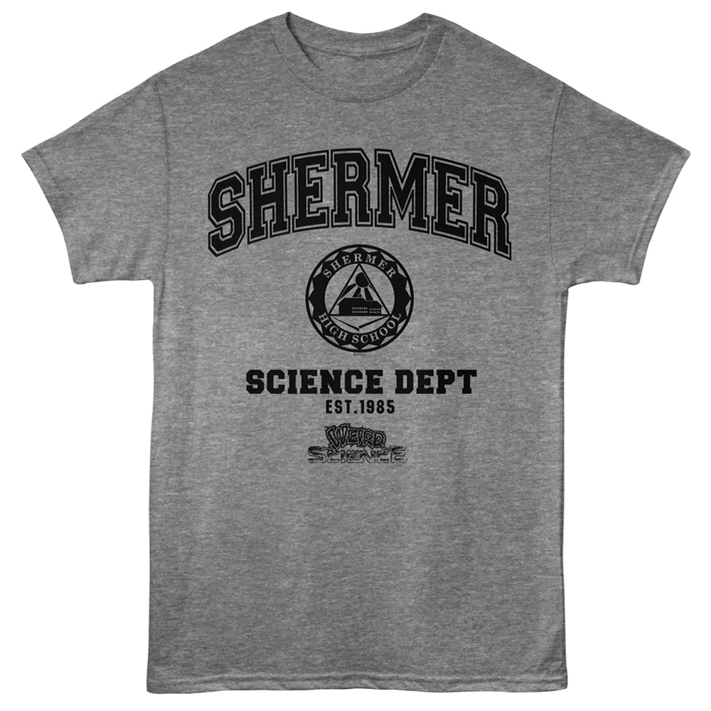 A heather gray short-sleeve t-shirt with a black graphic print on the front. The graphic features the word 'SHERMER' in an arched font above a circular emblem with a tent and the words 'SHERMAN ARMY SCHOOL', followed by 'SCIENCE DEPT' and 'EST.