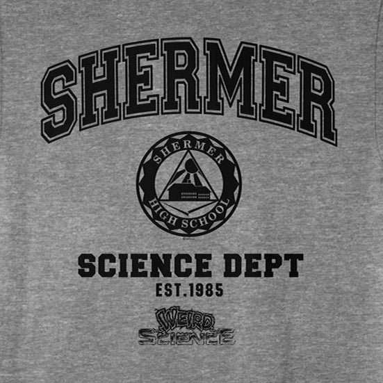 A heather gray short-sleeve t-shirt with a black graphic print on the front. The graphic features the word 'SHERMER' in an arched font above a circular emblem with a tent and the words 'SHERMAN ARMY SCHOOL', followed by 'SCIENCE DEPT' and 'EST.