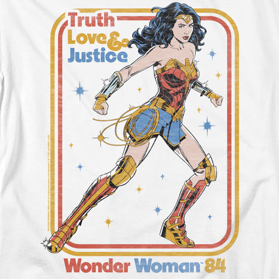 White t-shirt with Wonder Woman graphic and 'Truth, Love & Justice' text on a white background