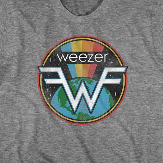 A heather gray crewneck t-shirt featuring a circular Weezer graphic on the chest with the band's name and a stylized 'WF' logo over a globe design.