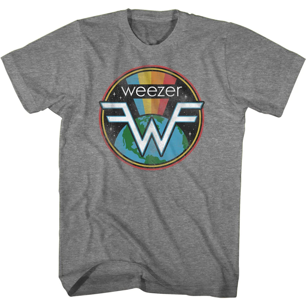 A heather gray crewneck t-shirt featuring a circular 'weezer WF' graphic on the chest, set against a gray background.