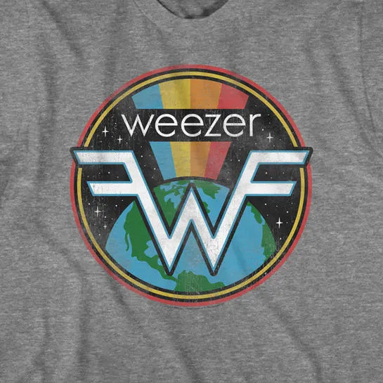 A heather gray crewneck t-shirt featuring a circular 'weezer WF' graphic on the chest, set against a gray background.