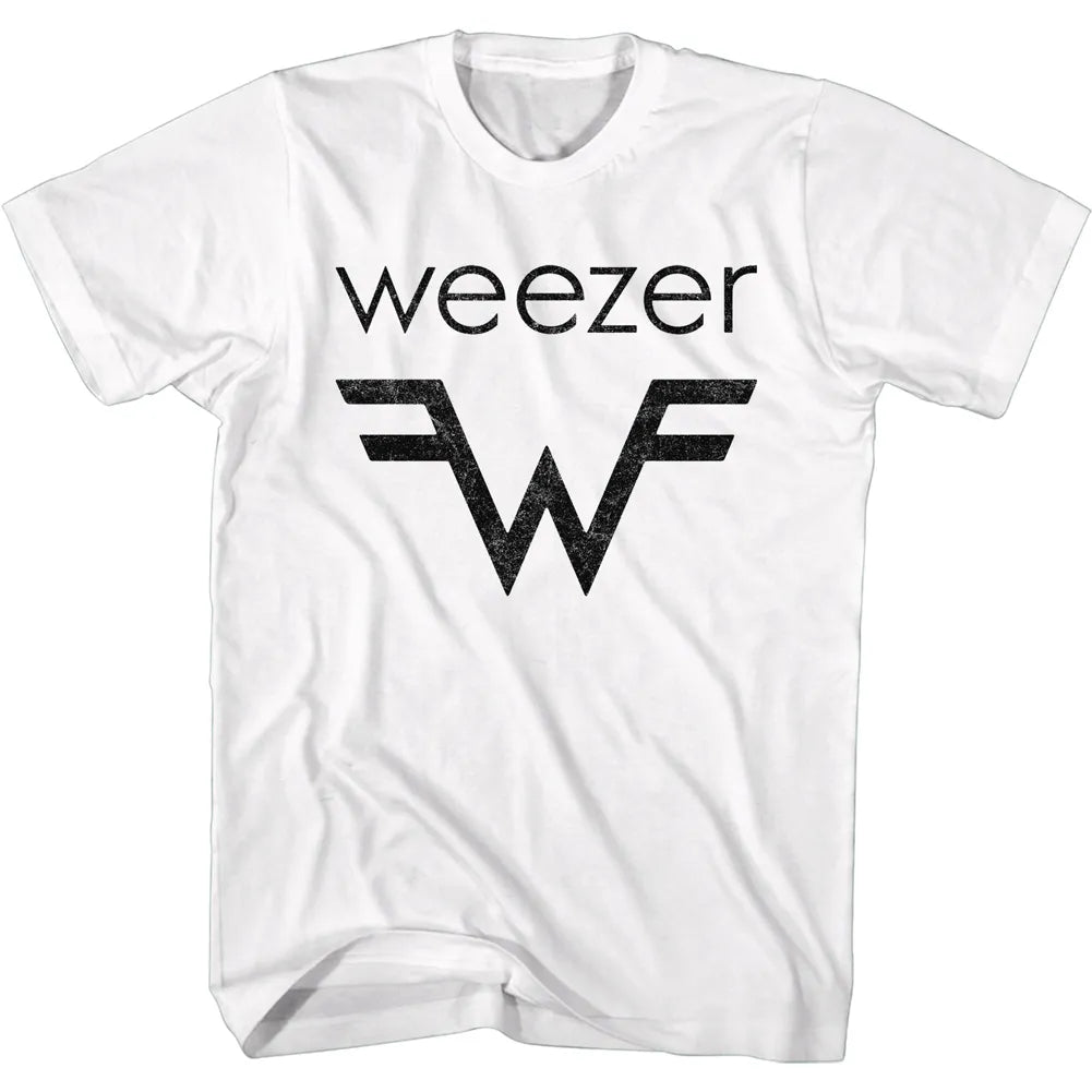 A white short-sleeve crewneck t-shirt featuring a black distressed graphic print of the word 'weezer' above a stylized 'W' logo, shown on a plain white background.
