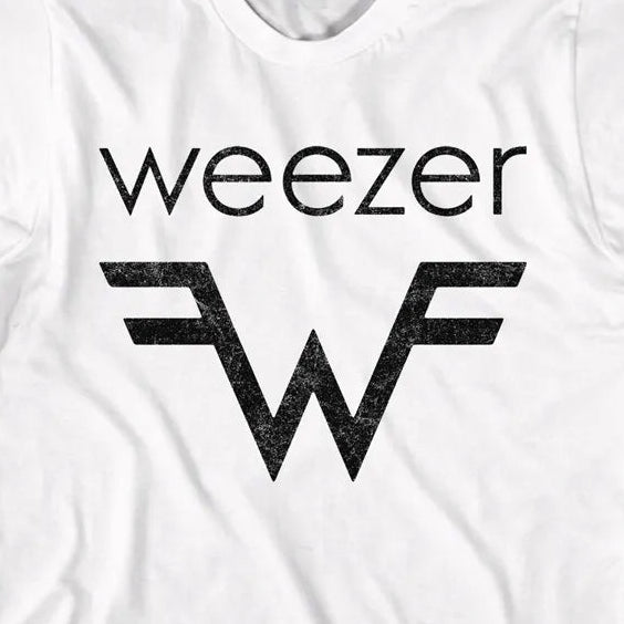 A white short-sleeve crewneck t-shirt featuring a black distressed graphic print of the word 'weezer' above a stylized 'W' logo, shown on a plain white background.