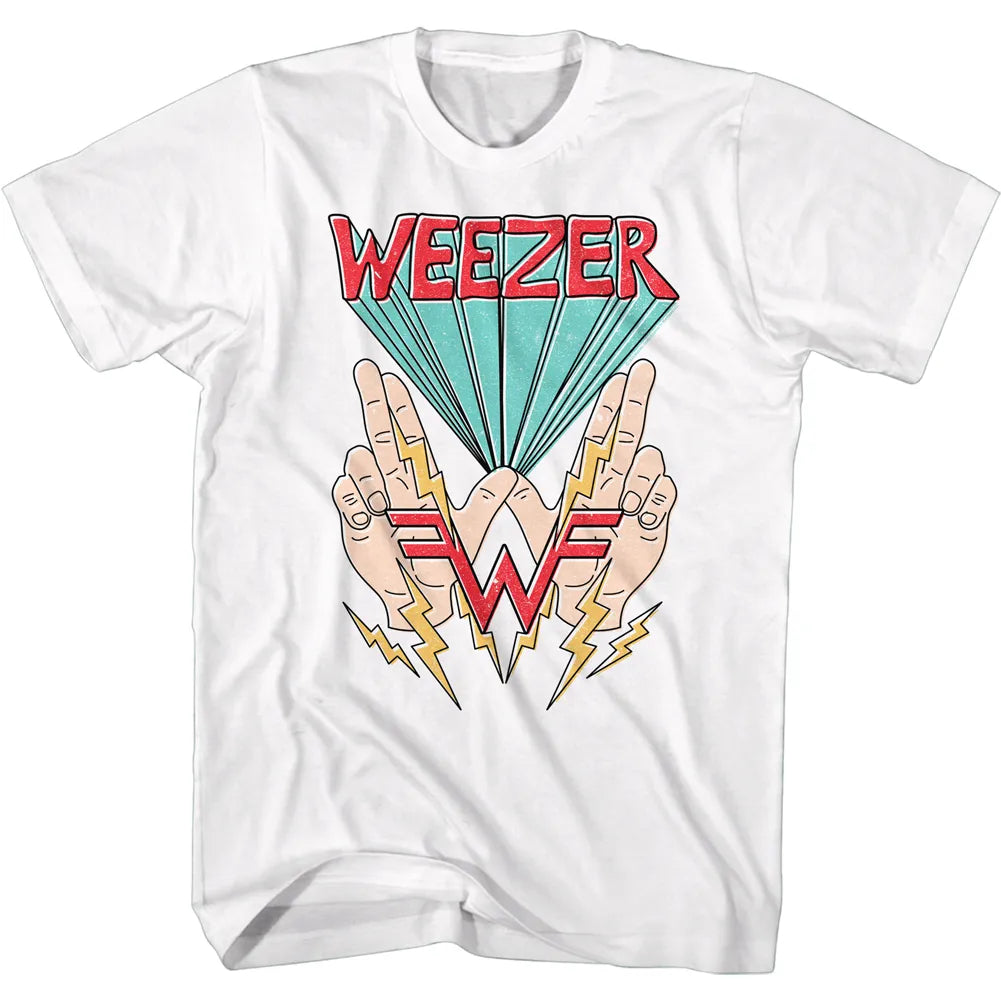 White t-shirt with 'Weezer' logo and design on a white background