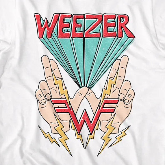 White t-shirt with 'Weezer' logo and design on a white background